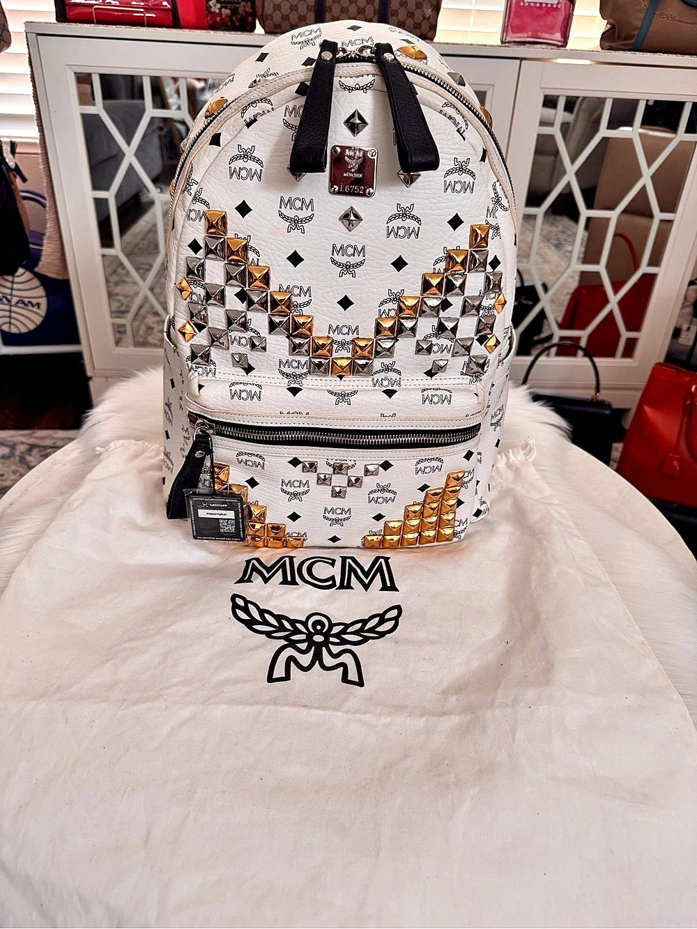 MCM Stark Side Studs Backpack in White & Black